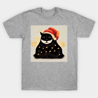 Black Santa Cat Tangled Up In Lights Christmas Santa T-Shirt